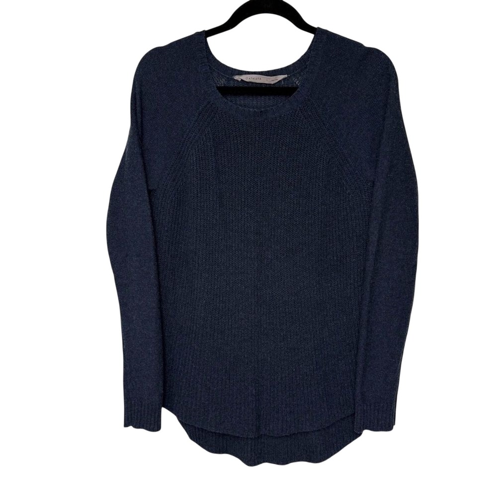 Athleta Navy Blue Merino Wool Blend Raglan Sleeve High-Low Knit Sweater Large‎ L